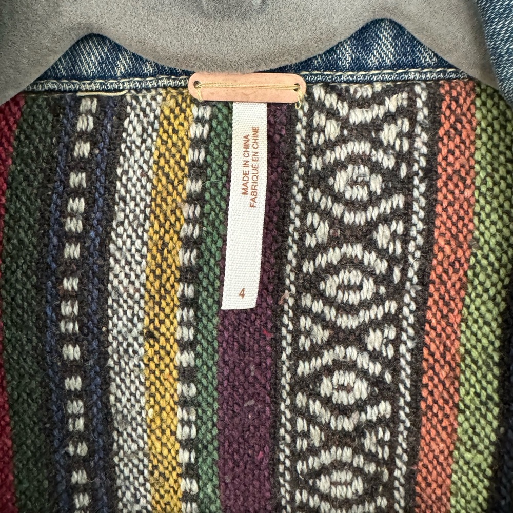 FREE PEOPLE Aztec Jean Jacket Stretch Paneled Bohemian Size 4 - Picture 4 of 7